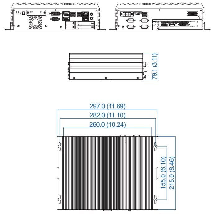 Schemat i wymiary komputera BOX PC EXC-1100-GTX1050